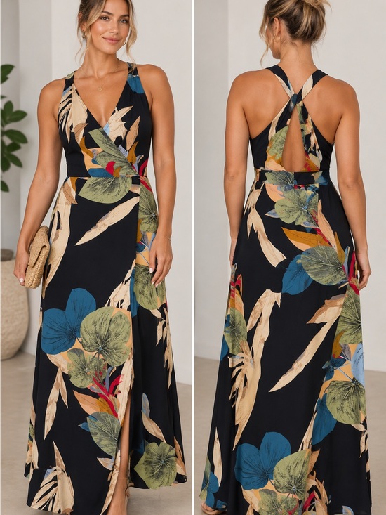 Dresses & Skirts - Women’s Black Floral Maxi Dress with Cross-Back
